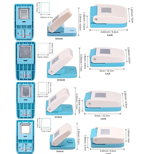 4 Size Stamp Puncher, 1 inch & 1.5 inch Square Stamp Punch, 1.5X1.25inch & 1x0.8 inch Rectangular Postage Stamps Puncher, Stamps Shaped Paper Punch, Craft Punches for Crafting DIY Scrapbooking