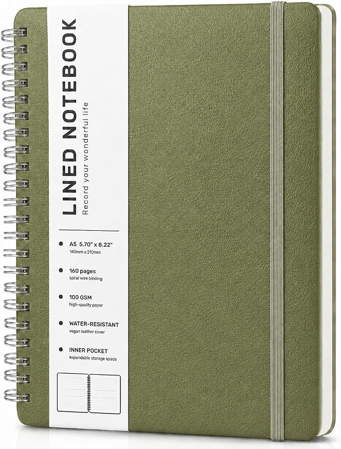 Lined Spiral Notebook for Women, A5 College Ruled Leather Spiral Journals | 160 Pages Small Journaling Notebooks, 5.7"x11" Note Book for Writing, Work, School, Men, Hardcover Leather Journals, Green