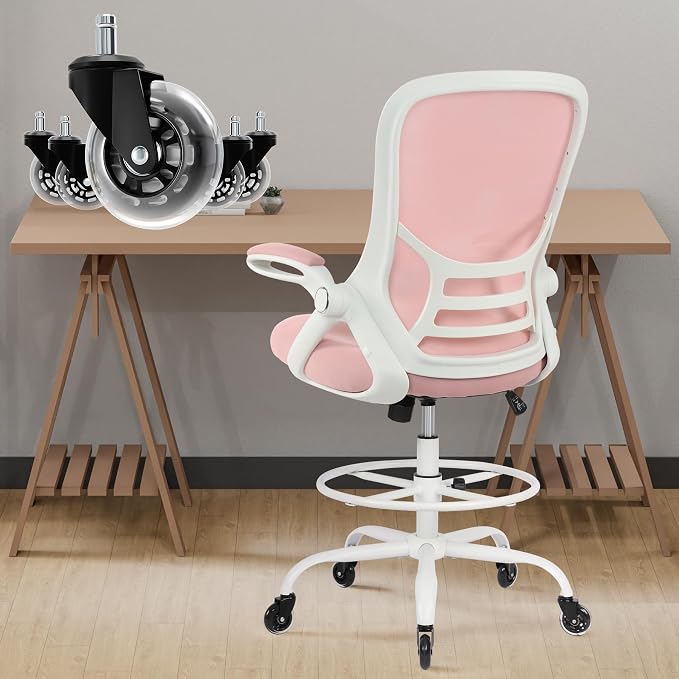 Drafting Chair Tall Office, Ergonomic Standing Desk Stool Adjustable Big and Tall Drafting Office Chair with Flip-Up Armrests, Mesh, Pink