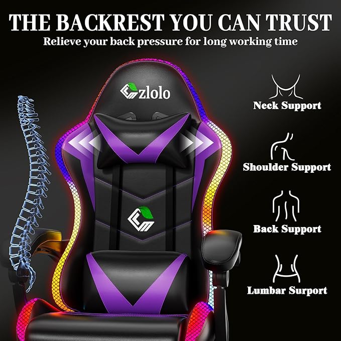 Gaming Chair, RGB LED Lights Computer Chair with Footrest, Lumbar Support Massager Gamer Chair, High Back, 90-135° Reclining, Linkage Armrests, Purple