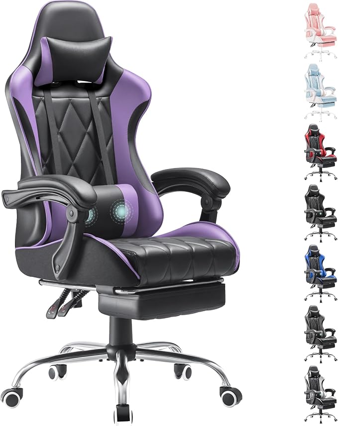Homall Gaming Chair, Computer Chair with Footrest and Massage Lumbar Support, Ergonomic High Back Video Game Chair with Swivel Seat and Headrest (Purple)