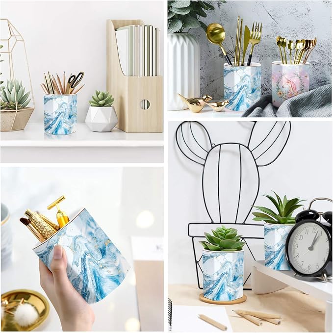 Pen Holder, Pencil Holder for Desk Marble Pattern Pencil Cup for Girls Kids Durable Ceramic Desk Organizer Makeup Brush Holder for Office, Classroom, Home, Blue Marble