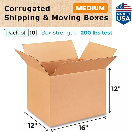 Medium Shipping & Moving Boxes 16x12x12 inches (10-Pack) - Extra Strength 200 lb vs Regular - Corrugated Boxes for Packaging Moving and Delivering - Box for Moving - Square Box by IDL Packaging | Extra Strength 200 lb vs Regular - Corrugated Boxes for ...