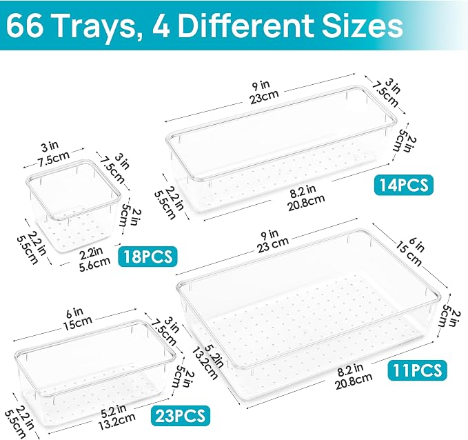 Vtopmart 66 PCS Clear Plastic Drawer Organizers Set, Vanity Organizer Trays | 4-Size Versatile Makeup Organizer, Non-Slip Storage Containers for Makeup, Jewelries, Bedroom，Kitchen Utensils and Office