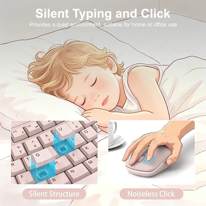Wireless Keyboard and Mouse Combo, 2.4G Quiet Ergonomic Curved Keys(Pink)