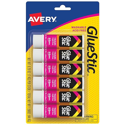 Avery® Glue Stick, White, 0.26 oz., Washable, 6 Permanent Glue Sticks (98095)