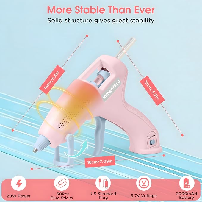 Pink Cordless Hot Glue Gun with 30 Sticks, Fast Heating 2.6Ah Rechargeable | 20W Anti-Drip Glue Gun and Sticks Set (0.27"×6") USB-C Rechargeable Mini Glue Gun Ideal for School Crafts DIY Making Repairs