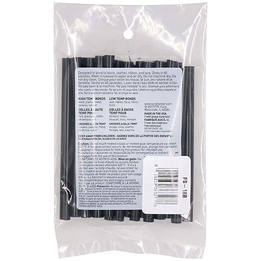 Surebonder Black Mini Size Fabric Hot Glue Sticks, 4-Inch Length - Machine Washable, Works with Fabric, Leather, Ribbon, Foam, 18 Pack, Black