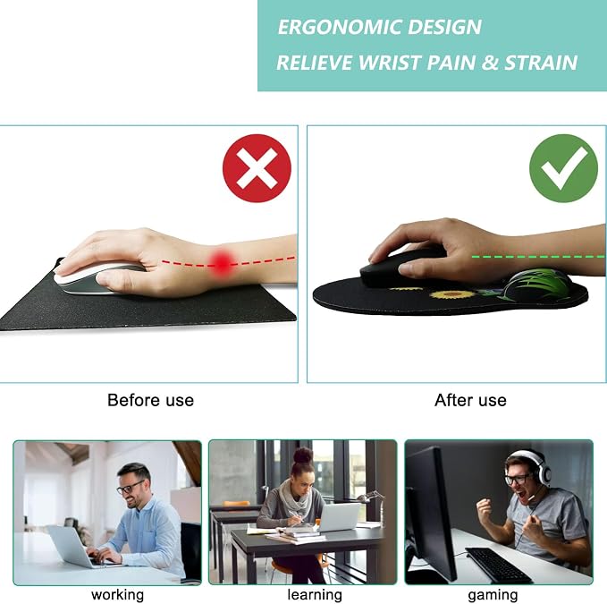 Mouse Pad with Wrist Support, Ergonomic Mouse Pad with Memory Foam Wrist Rest Cushion, Non-Slip Rubber Base Gaming Mice Pad for Home Office Computer Laptop, Sunflower