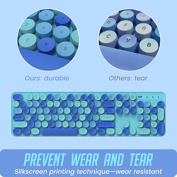 Wireless Keyboard and Mouse, Full-Sized Typewriter Keyboard Silent, Blue | USB Full-Sized Quiet Keyboard, Cute Colorful Round Keycaps, Plug & Play, Compatible with PC, Computer, Laptop