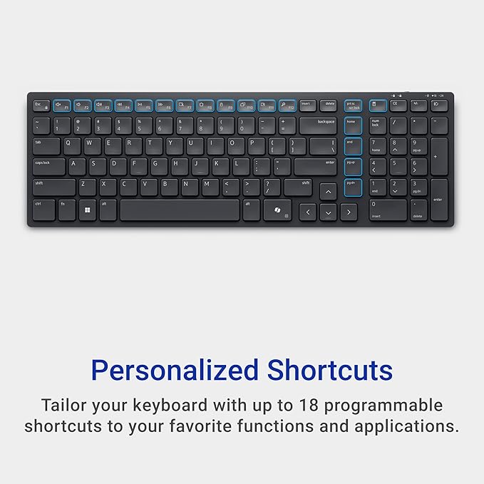 Dell KM555 Silent Keyboard and Mouse - 18 Programmable Shortcut Keys, Copilot Key, Secure Dual-Mode connectivity, Adjustable DPI, Ambidextrous, Low Battery LED Indicator, 3-Year Warranty - Black