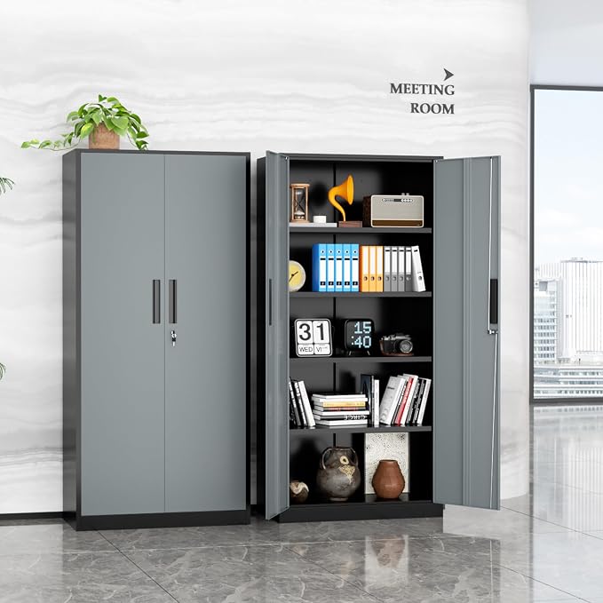 Metal Storage Cabinet, 72" Locking Steel Cabinets with 2 Door and 4 Adjustable Shelves, Tall Metal Cabinet for Home Office, Garage, Warehouse,(Black+Grey)