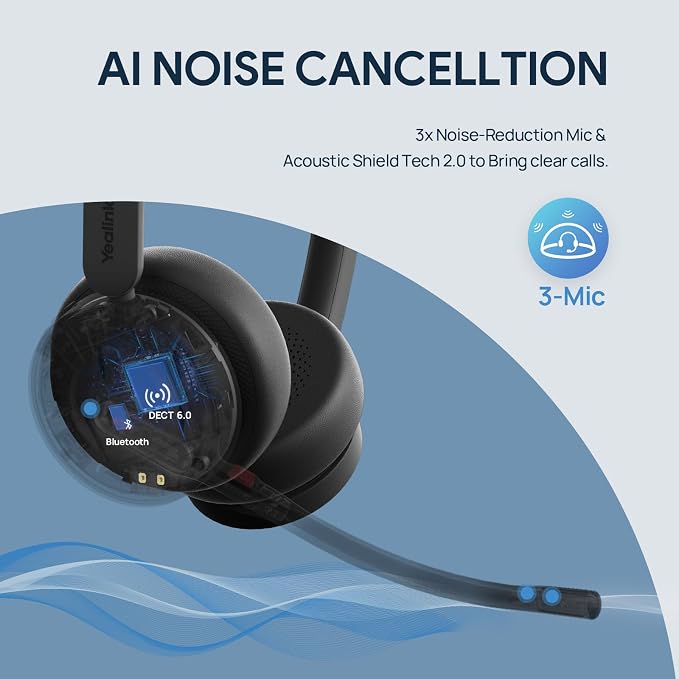Yealink WH64 Dual UC DECT Bluetooth Wireless Headset for Phone PC Cellphone | Zoom Certified Stereo Headphones, 606ft Long Range, 3X Noise Canceling Mic, 32H Talk Time, Mute Botton for Office Call Center