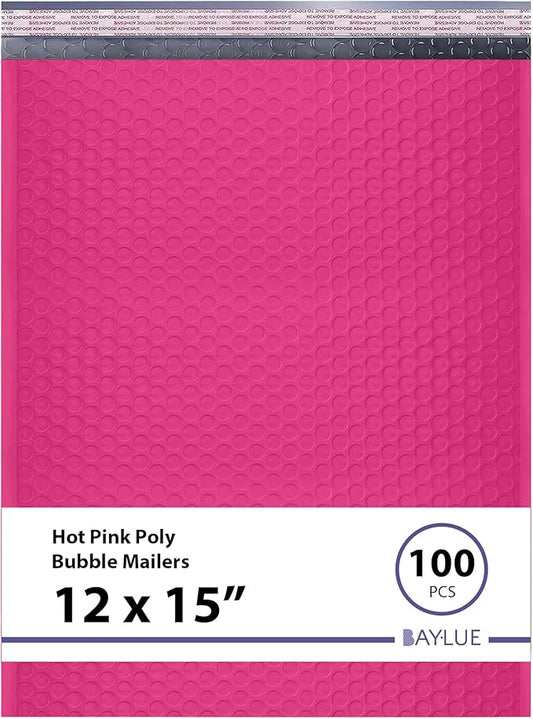 Hot Pink Large Poly Bubble Mailers 12x15 inch | Self Seal Padded Envelopes Cushioned Bubble Mailer | Usable Size 12x15 | WaterProof | Lightweight mailing Shipping Bags | 100 Pack Bulk