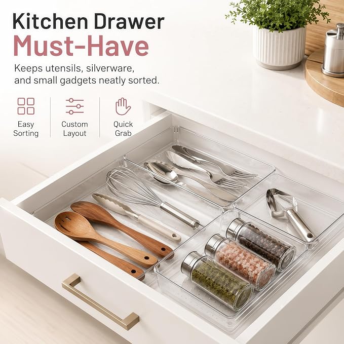 8 Pack Large Clear Plastic Drawer Organizer Bins - Acrylic Bathroom Drawer Organizer Trays - Heavy Duty Kitchen Drawer Dividers for Utensils - Non-Slip Storage Bins for Makeup, Bedroom, Office Desk