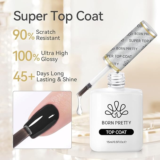 Born Pretty 15ml Gloss Gel Top Coat and Nail Glue for Tips Set,No Wipe Super Top Coat Not Chip or Peel and Long Lastingfor Nail Art