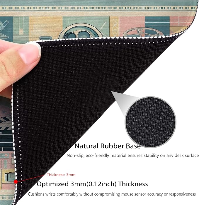 Retro Camera Movie Wheels and Clapperboard Mouse Pad, Durable Desk Mat | Cinema Lover Cinephile Artwork Design, Cute Mousepad Stitched, Anti-Slip Base Smooth Surface, 9.5 x 7.9 Inches