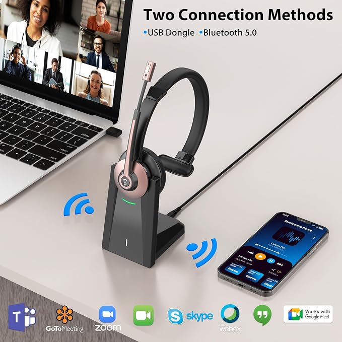 Bluetooth Headset, Wireless Headset with Noise Cancelling Microphone & Mute Function for Work, On Ear Wireless Headphones with USB Dongle & Charging Base for Work from Home Computer Office Call Center