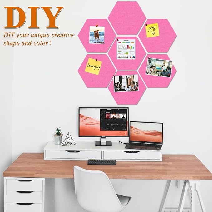 Large Hexagon Felt Cork Board Tiles, Self Adhesive DIY Felt Bulletin Board Pin Board with 35 Pushpins for Office School Home Wall Decor Stickers Memos Photos Display(Pink)