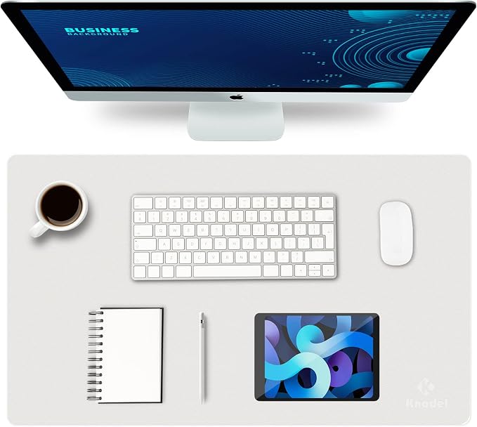 K KNODEL Small Office Desk Mat, Leather Mouse Pad (23.6"x13.8", White) | Desk Pad, Keyboard Pad, Computer and Laptop Mat, Desktop Protector and Cover, Writing Pad and Blotter for Home Office