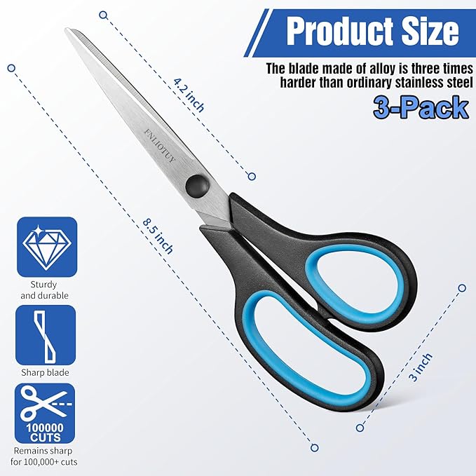 3-Pack 8" Scissors, Stainless Steel Craft Scissors, All Purpose Heavy Duty Scissors with Ultra Sharp Blades & Ergonomic Comfort Grip Handles, for Office, Home, School, Sewing & Crafts
