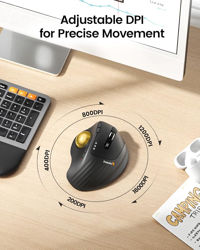 ProtoArc EM01 NL Wireless Trackball Mouse, Rechargeable Thumb Control, Gold | 0/20° Adjustable Angle to Reduce Fatigue, Triple-Device Bluetooth & 2.4G USB-A for Office Use, Silent Click, Easy to Clean