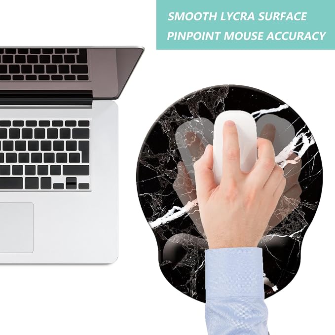 Mouse Pad with Wrist Support, Ergonomic Mouse Pad with Memory Foam Wrist Rest Cushion, Non-Slip Rubber Base Gaming Mice Pad for Home Office Computer Laptop, Black White Marble