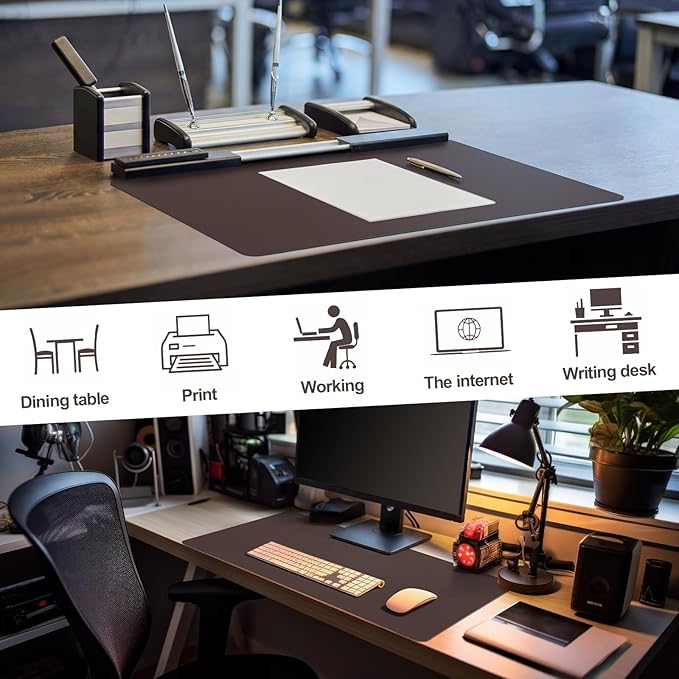 Tegeme Leather Desk Mat Large Desk Pad 31.5 x 15.7 Inch Non Slip Table Protector with Stitched Edges and Rubber Base Dark Brown Stylish Workspace Accessory Laptop Mat Smooth Writing for Home Office