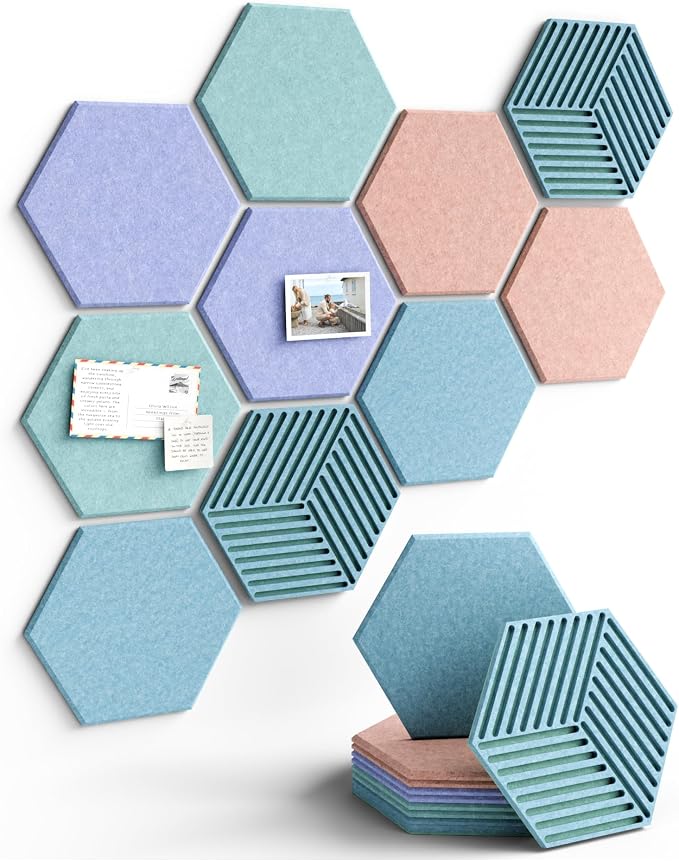 Fluxynara 10-Pack Hexagon Felt Bulletin Board Tiles, Coastal Haze | Cork Board Alternative for Wall Decor and Vision Boards, with 50 Adhesive Tabs for Home, Office, Classroom or Dorm.