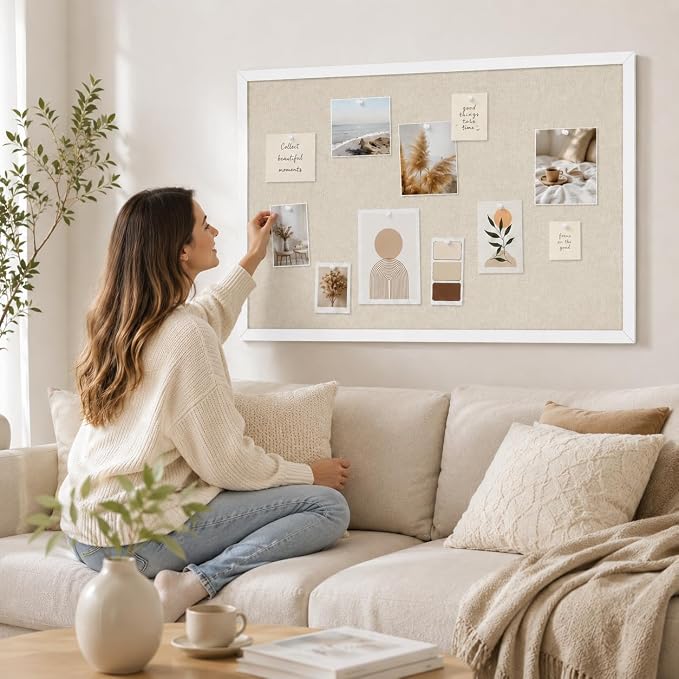2-Pack 12"x16" White Framed Natural Wood Tone Bulletin Board, Pin Board | Linen corkboard texture. Premium cork boards for walls and pin board office organizer.