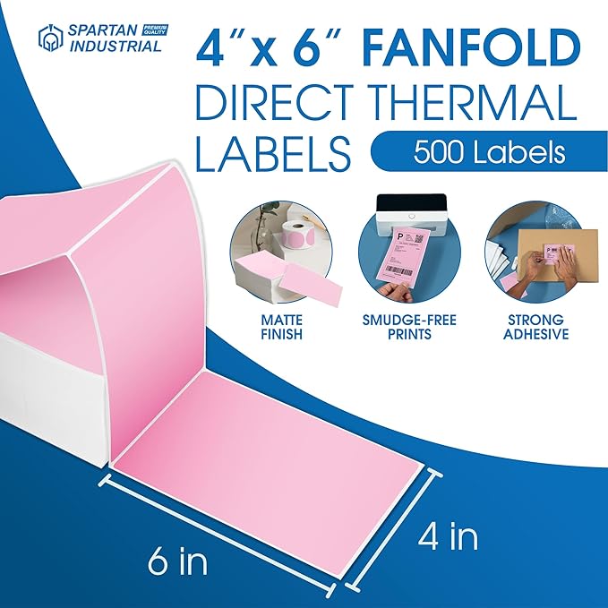 Spartan Industrial - 4" X 6" Pink Direct Thermal Fanfold Labels (500 Count, 1 Stack) - Printable Postage Shipping Labels, Package Identification - Compatible with Zebra and Rollo Printers