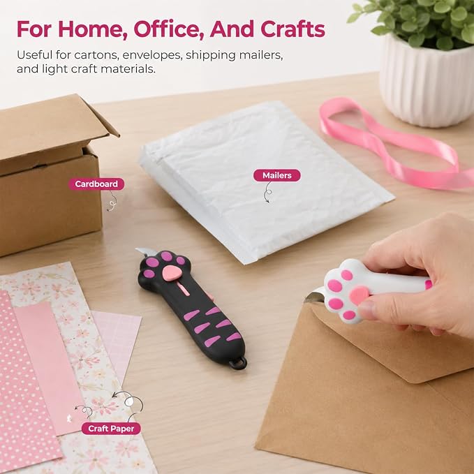 2 PCS Cat Paw Box Cutter, Retractable Cat Claw Knife with Safety Lock, Cat Paper Cutter with Ergonomic Claw Handle, Stainless Steel Blade for Opening Packages, Cartons & Tape