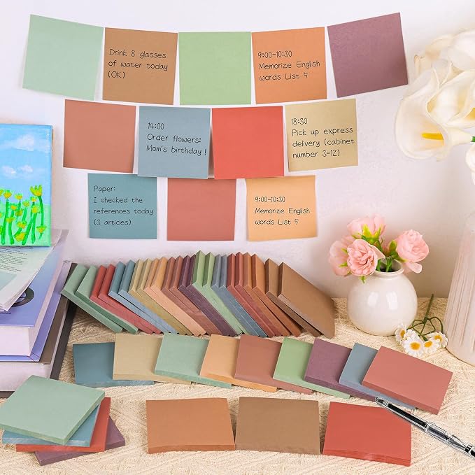 60 Pack Sticky Notes Bulk 3x3 Inch 12 Vintage Colors Memo Pads | 56 Sheets Each, Self Adhesive Notes, Smooth Paper, Office Supplies, Back to School, Teacher, Student, Planning