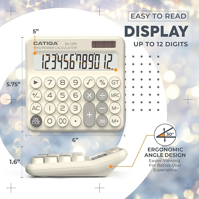 CATIGA Mechanical Switch Calculator with Solar and Battery Dual Power, 12-Digit Large LCD Display, Aesthetic and Cute Desktop Calculator with Big Button, for Home, School and Office Use, SD-1299