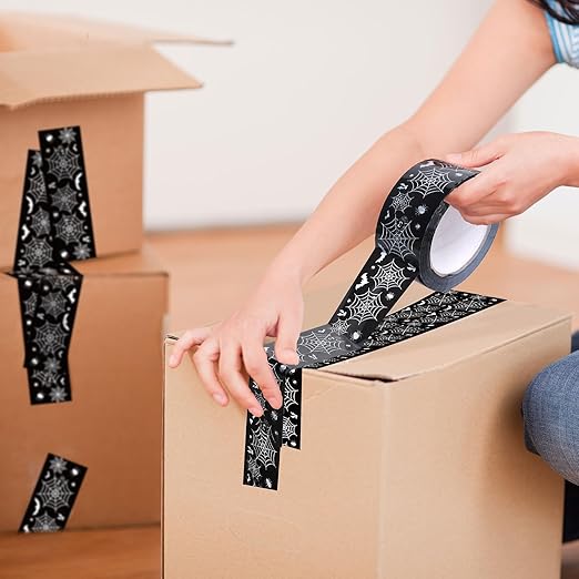 Whaline 109 Yard Halloween Packaging Tape Black Spider Web Bat Spider Pattern Tape Waterproof Shipping Tape for Small Business DIY Crafts Box Carton Decor