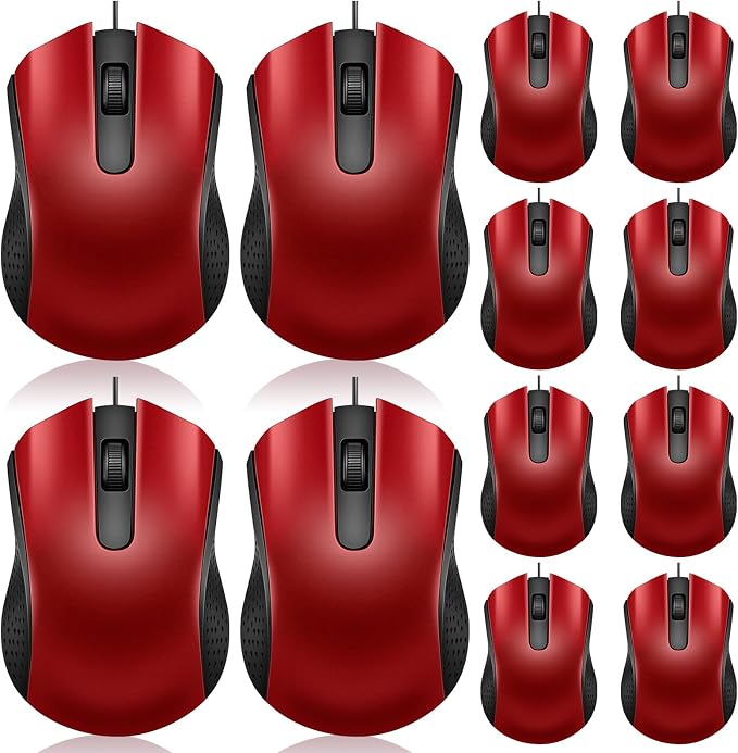 Hoteam 12 Pcs Wired Mouse Bulk, USB Ergonomic Computer Mice,Red | Plug Play USB Cord, Textured Grip for Office Gaming, Desktop Laptop Compatible, Bulk Office School Business Supply