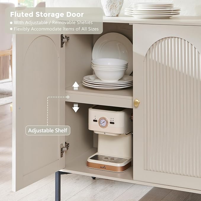 IFGET 34" Tall Modern Arched Sideboard Buffet Cabinet with Storage, Cream | Fluted Arch Sideboard Cabinet w/Adjustable Shelves, Wooden Modular Kitchen Cabinet for Dining& Living Room, Kitchen, Entryway
