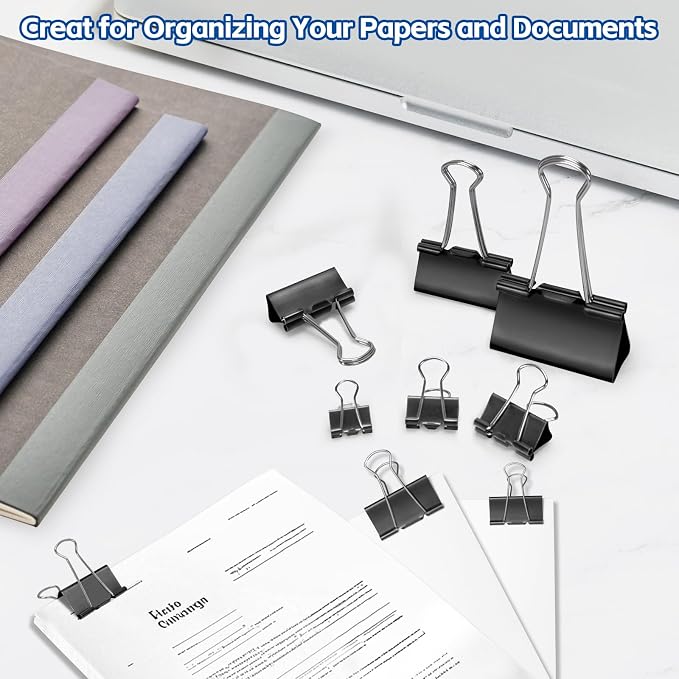 BainGesk 210 Binder Clips, 6 Assorted Sizes, Black Metal Paper Clamps | Paper Binder Clips Packed in 6 Boxes, Durable and Rustproof Binder Clips for Office, School Supplies