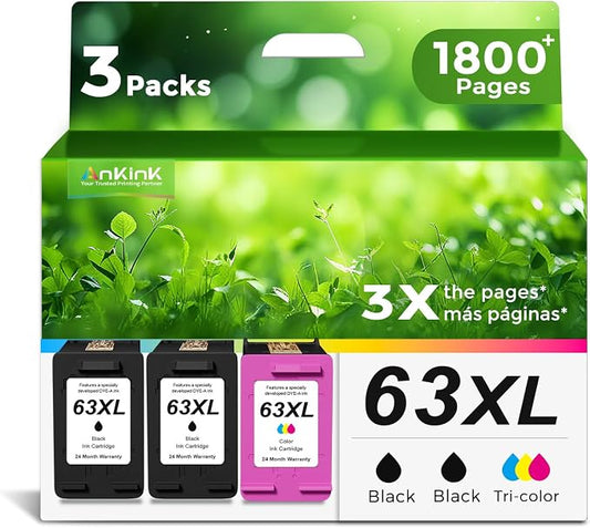 Ankink 63XL Ink Cartridges Replacement for HP 63 XL (2 Black 1 Color Combo 3-Pack) Fit for HP63 3830 4650 4652 4655 5200 5252 5255 5258 4520 4512 1112 2132 3630 3632 3631 2130 4510 4654 Printers