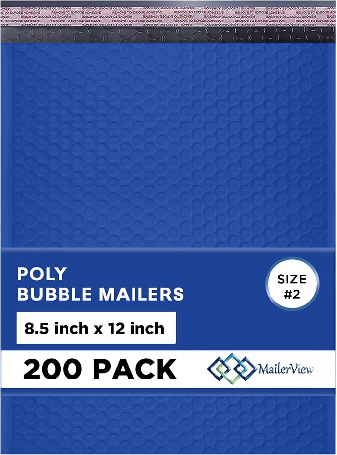 Royal Blue Bubble Mailers 8.5x12 Poly Padded Envelopes #2, 200 Pack | Fits 8.5x11 Documents & Photos, Self-Seal Closure, Cushioned Protection, Water-Resistant Poly, Bulk Pack for Small Business