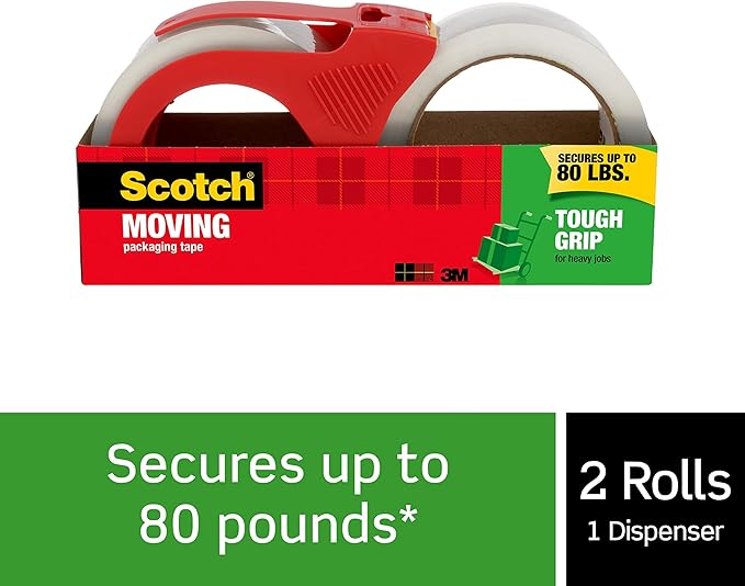 Scotch Tough Grip Moving Packing Tape, Clear, Moving Tape That Secures Boxes up to 80 Pounds, 1.88 in. x 54.6 yd., 2 Tape Rolls with 1 Dispenser | (Pack of 3)