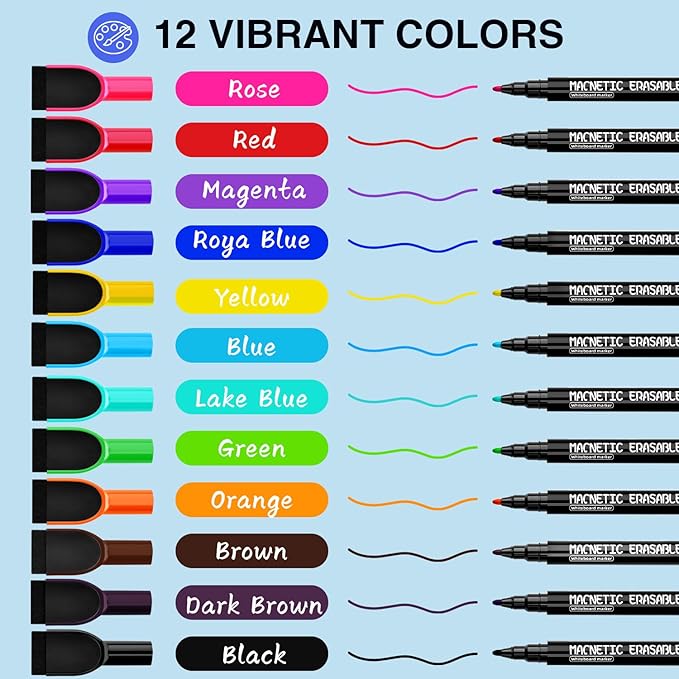 Magnetic Dry Erase Markers Fine Tip - 12 Colors Whiteboard Markers with Eraser Cap, Low Odor Thin Dry Erase Markers for Office Professional Use, Work On White board & Calendar