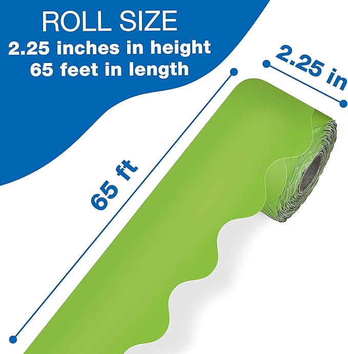 Carson Dellosa 65Ft of Lime Green Bulletin Board Borders, 1 Roll of Scalloped Trim for Rolling Whiteboard, Cork and Posterboard, St Patricks Day, Christmas Decorations, Party, and Classroom Decor