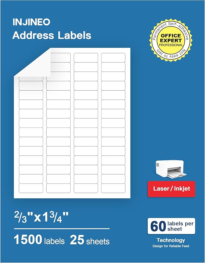 Address Labels, 2/3" x1-3/4 Shipping Address Labels for Inkjet & Laser Printers, Return Address Labels Compatible with 5195, 8195 and 18294 Labels, Easy to Peel (1500 Labels, 25 Sheets)