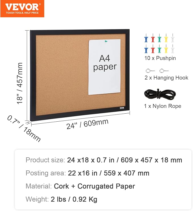 VEVOR Cork Board for Walls, Double-Sided Cork 24" x 18" Bulletin Board Vision Board, Push Pin Board with Framed for Office Home and School