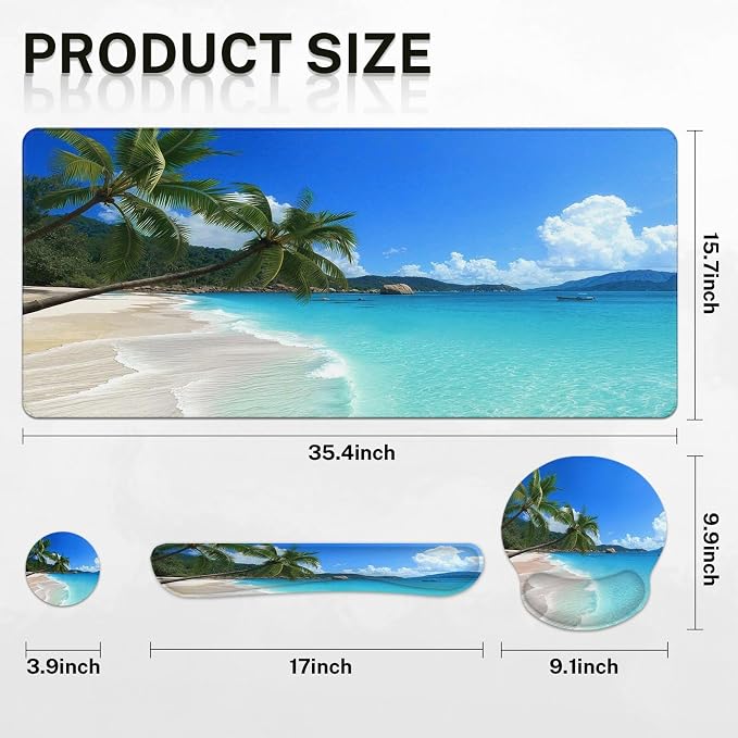 Arttown Keyboard Mouse Pad Set, 4 in 1 Desk Mat Set Tropical Beach Ocean | Summer Sunshine Large Mousepad+Keyboard Wrist Rest+Mouse Wrist Rest+Coaster Ergonomic Design for Home Office Computer
