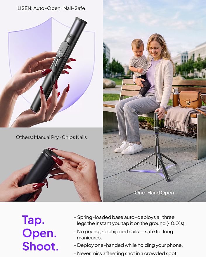LISEN 67" Selfie Stick Tripod with Remote for Content Creators | Content creator essentials: 67" phone tripod with remote for iPhone & Android, 0.01s auto-open vlog/live stream/video kit