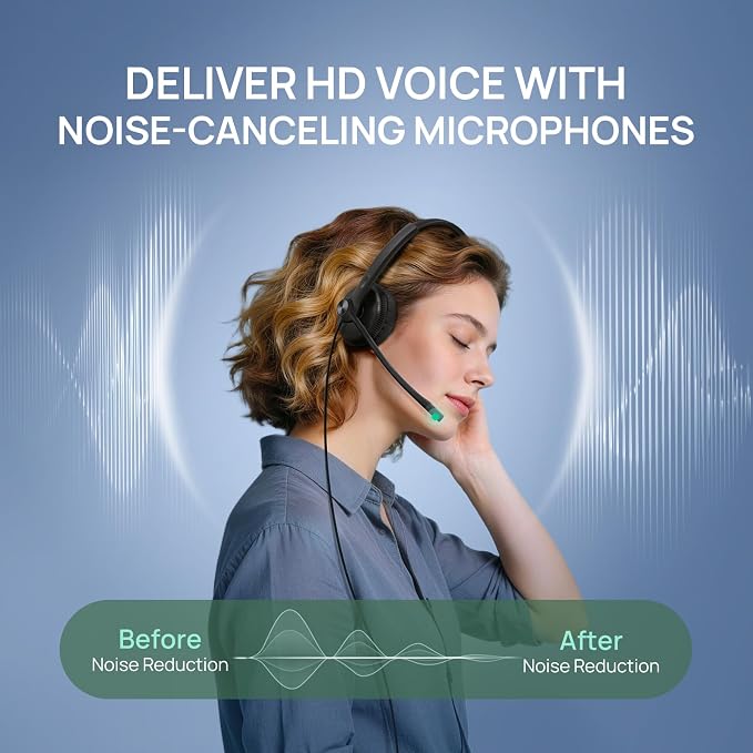 Yealink Phone Headsets for Office Phones YHS34 QD to RJ9 Wired Headset | Leather ear pads,Compatible with Poly Snom Grandstream Phones Desk Landline Headset with Microphone -Mono/72g/2.1m Cable