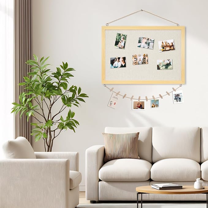 DOLLAR BOSS Bulletin Boards with Linen, 24"x18" Cork Board, Natural Wood | Double-Sided Corkboards for Walls, Decorative Pin Board, Photo Display, For Office Home School Dorm, 10 Pushpins 10 Clips