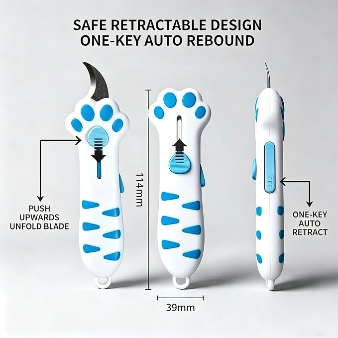Cat Paw Box Cutter 3-Piece Set, Retractable Cat Claw Knife with Cute Paw Handle, Portable Utility Box Opener for Home Office Package Carton & Tape Cutting